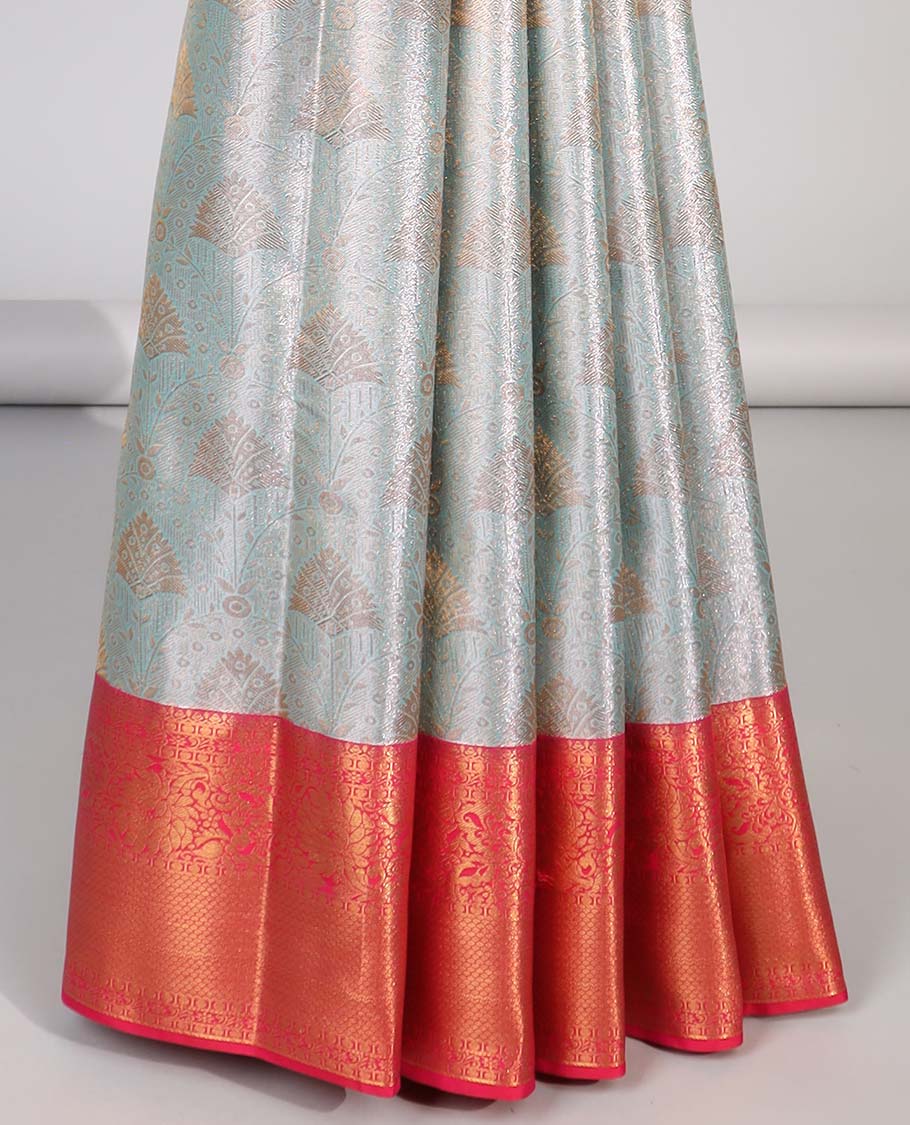 Blue floral jacquard budget silk saree with self floral zari border & pallu of floral zari design