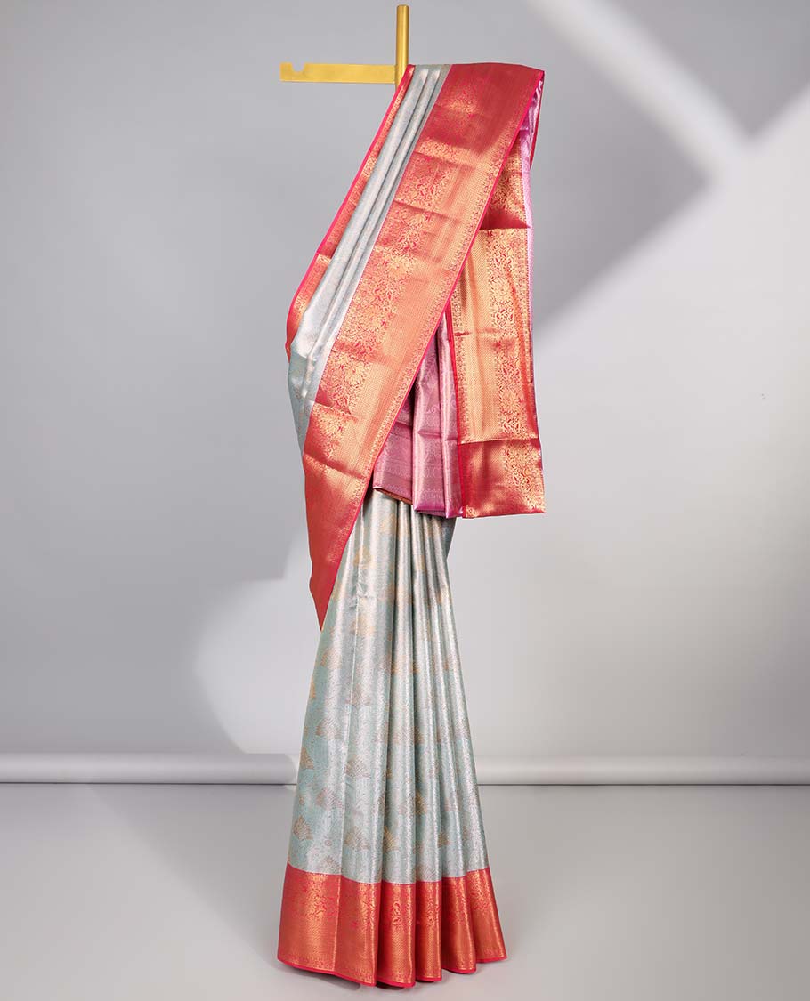 Blue floral jacquard budget silk saree with self floral zari border & pallu of floral zari design