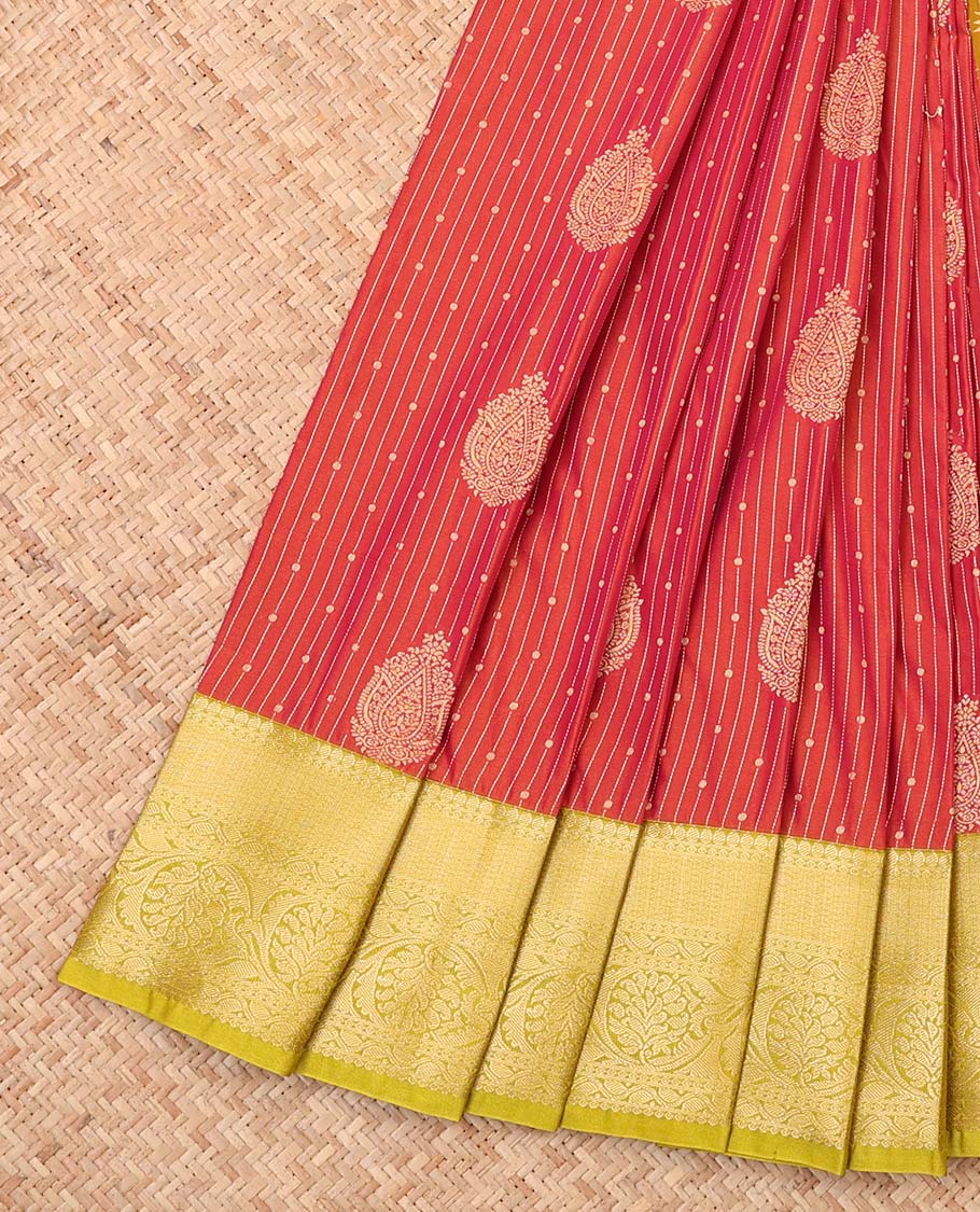 Red zari design budget silk saree, contrast traditional design border, and pallu of paisleys