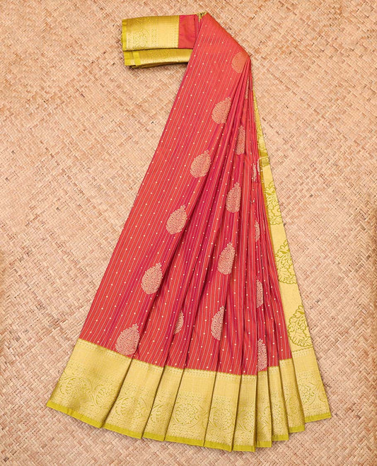 Red zari design budget silk saree, contrast traditional design border, and pallu of paisleys