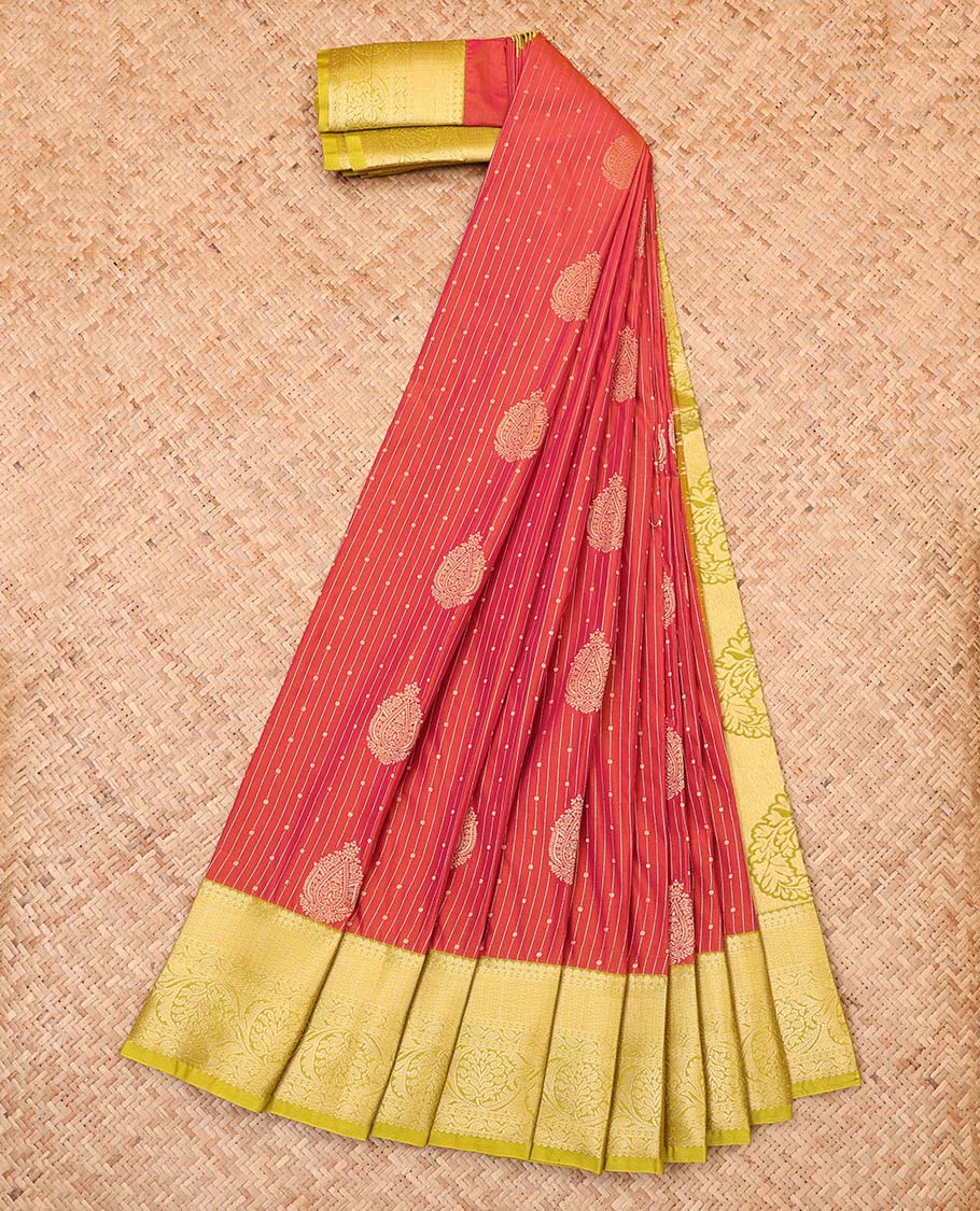Red zari design budget silk saree, contrast traditional design border, and pallu of paisleys