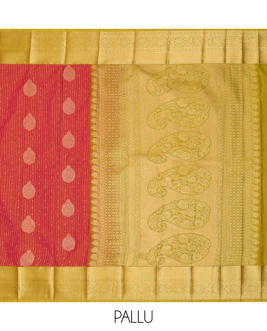Red zari design budget silk saree, contrast traditional design border, and pallu of paisleys