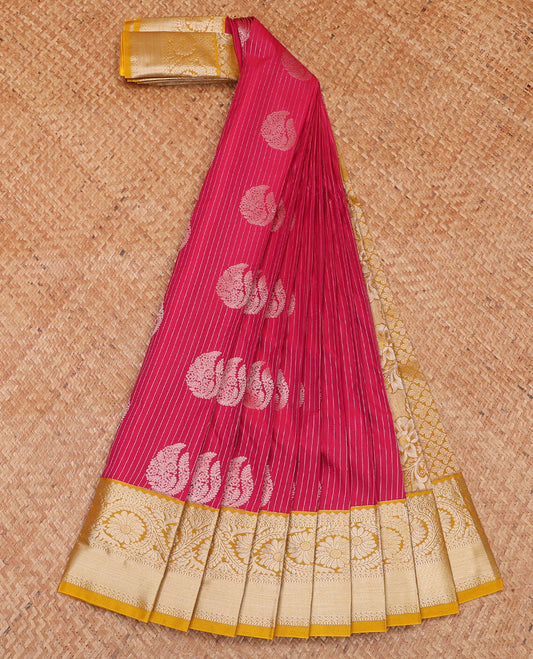 Pink zari buttas and striped budget silk saree, contrast traditional zari border, and pallu of jaal, and floral designs