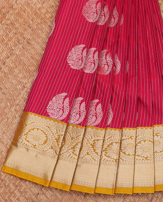 Pink zari buttas and striped budget silk saree, contrast traditional zari border, and pallu of jaal, and floral designs