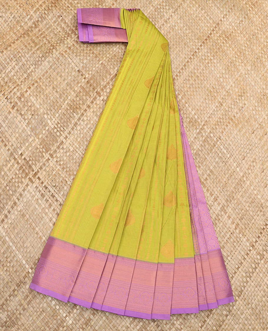 Green Budget Silk Saree Crafted with Zari Designs, featuring a Contrast Traditional Zari Design Border, Pallu Decorated with Intricate Designs, and Paired with a Contrast Blouse