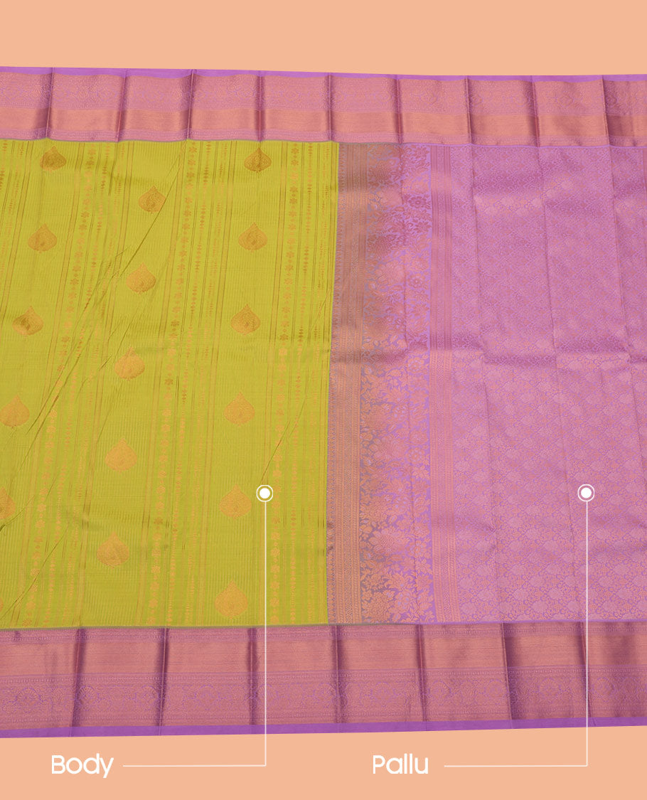 Green Budget Silk Saree Crafted with Zari Designs, featuring a Contrast Traditional Zari Design Border, Pallu Decorated with Intricate Designs, and Paired with a Contrast Blouse