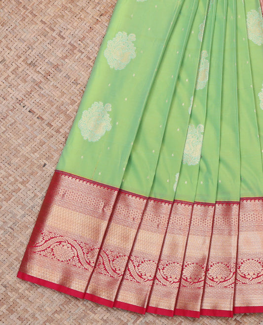 Green Budget Silk Saree, Prettified with Zari Buttas All Over Its Body, Complemented by a Contrast Traditional Zari Border of Floral Creeper Designs, Pallu of Ogee Patterns, and Paired with a Contrast Blouse