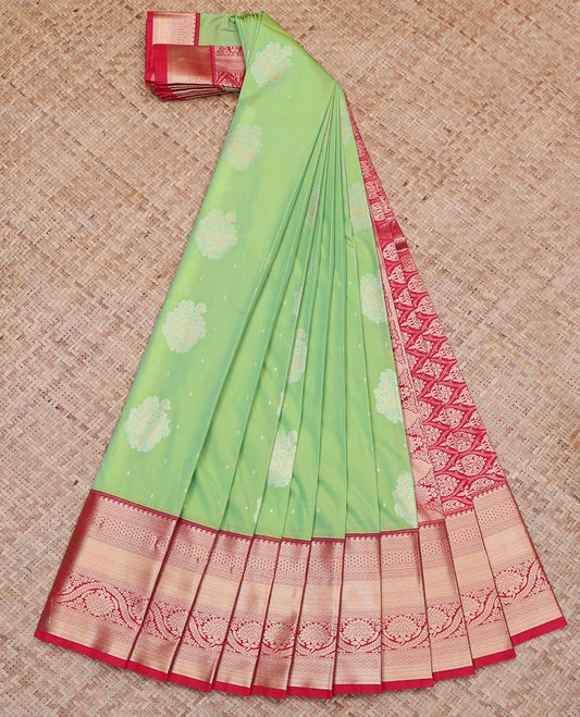 Green Budget Silk Saree, Prettified with Zari Buttas All Over Its Body, Complemented by a Contrast Traditional Zari Border of Floral Creeper Designs, Pallu of Ogee Patterns, and Paired with a Contrast Blouse