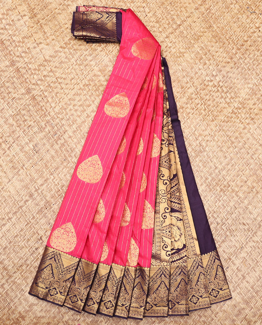 Pink Budget Silk Saree, Detailed with Zari Buttas and Stripes, Complemented by a Contrast Traditional Zari Border, Intricate Pallu, and a Contrast Blouse