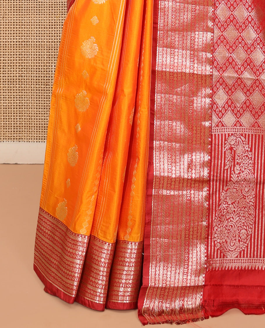 Orange Budget Silk Saree, Highlighted with Zari Designs, Complemented by a Contrast Traditional Zari Border, Pallu of Jaal and Paisleys, and Contrast Blouse