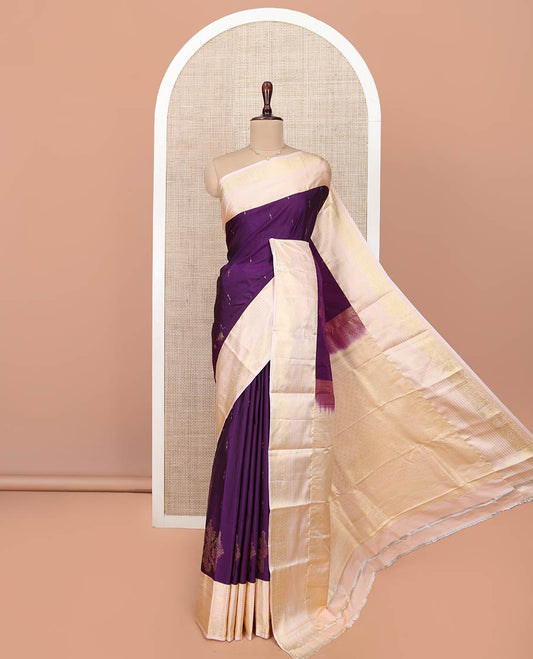 Dark Violet Budget Silk Saree, Detailed with Zari Buttas All Over Its Body, Complemented by a Contrast Traditional Zari Design Border of Floral Creeper Designs, Grand Jaal Pallu, and Paired with a Contrast Blouse