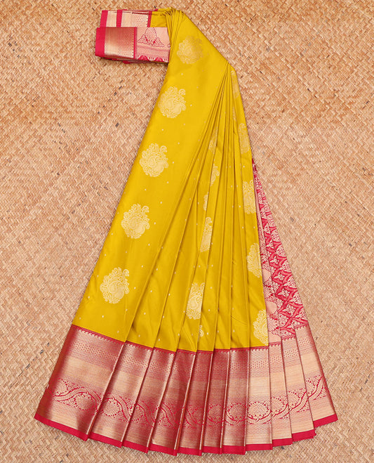Yellow Budget Silk Saree, Enthralled with Buttas All Over Its Body, Complemented by a Contrast Traditional Zari Design Border, Pallu Delicately Woven with Ogee Designs, and Paired with a Contrast Blouse
