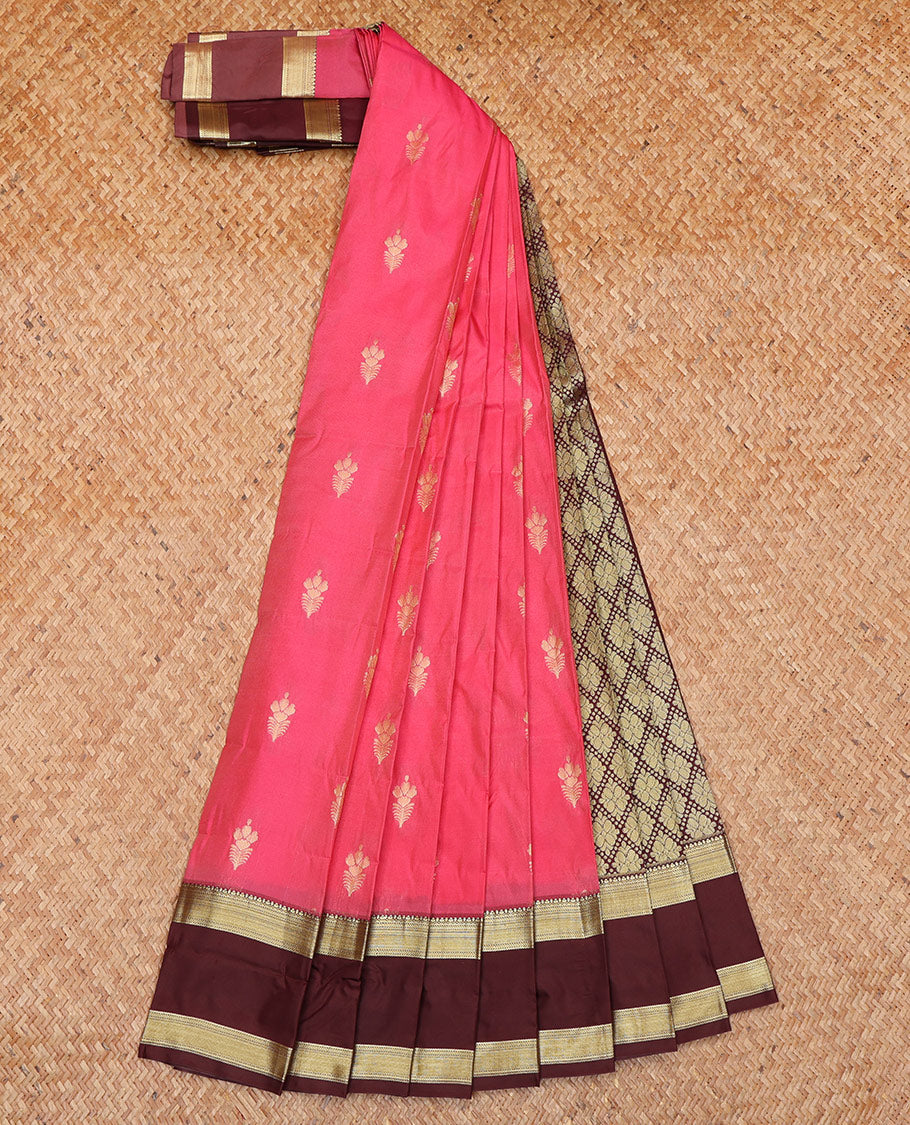 Pink Budget Silk Saree, Prettified with Zari Buttas All Over Its Body, Complemented by a Contrast Traditional Zari Design Woven Rettai Pettu Border, Majestically Detailed Pallu of Jaal Designs, and Paired with a Contrast Blouse