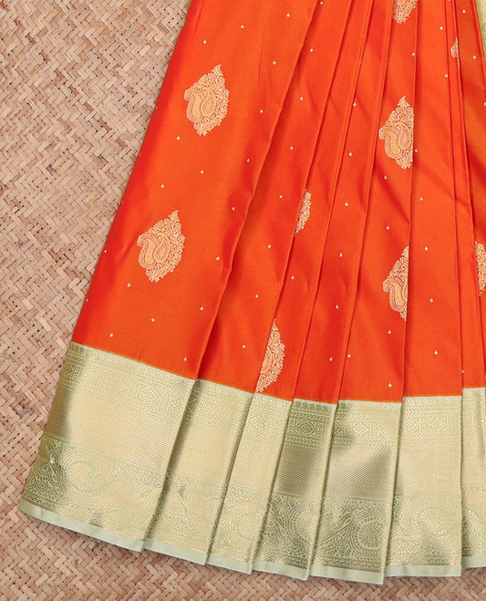 Orange Budget Silk Saree, Beautified with Zari Buttas All Over Its Body, Complemented by a Contrast Traditional Zari Design-Woven Border, Mughal-Style Intricately Designed Pallu, and Paired with a Contrast Blouse