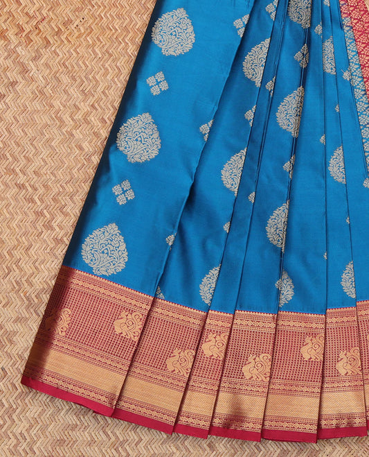 Blue Budget Silk Saree, Decorated with Zari Buttas All Over Its Body, Complemented by a Contrast Traditional Zari Design Border, Intricate Jaal Patterned Pallu, and Paired with a Contrast Blouse