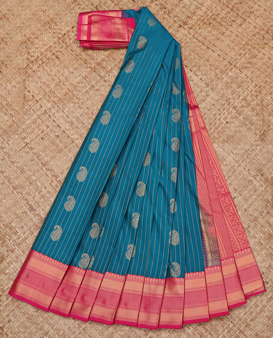 Blue Budget Silk Saree, Accentuated with Paisley Buttas and Stripes All Over Its Body, Complemented by a Contrast Traditional Zari Border, Grand Pallu, and Paired with a Contrast Blouse