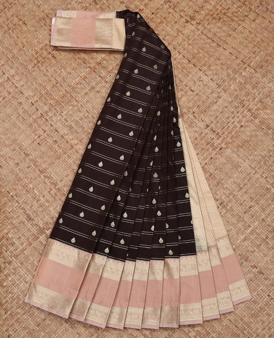 Brown Budget Silk Saree, Subtly Enriched with Zari Buttas and Zari Stripes All Over Its Body, Complemented by a Contrast Traditional Zari Design Rettai Pettu Border, Pallu of Jaal Designs, and Paired with a Contrast Blouse