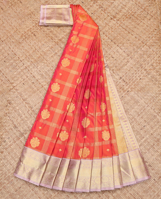 Orange Budget Silk Saree, Majestically Detailed with Zari Butta Enclosed Checked Design on Its Body, Complemented by a Contrast Traditional Zari Design Border, Pallu of Peacock Design, and Paired with a Contrast Blouse