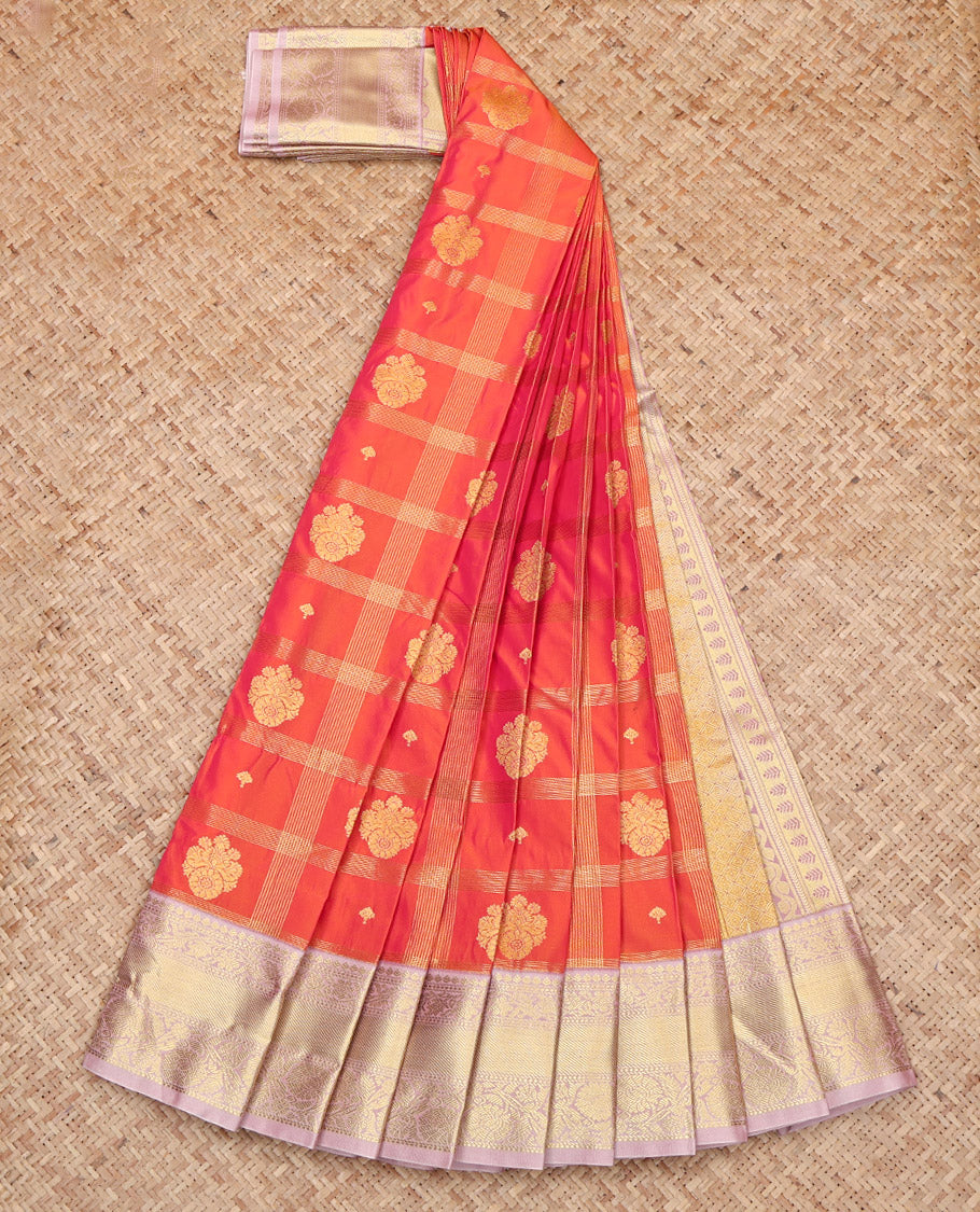 Orange Budget Silk Saree, Majestically Detailed with Zari Butta Enclosed Checked Design on Its Body, Complemented by a Contrast Traditional Zari Design Border, Pallu of Peacock Design, and Paired with a Contrast Blouse
