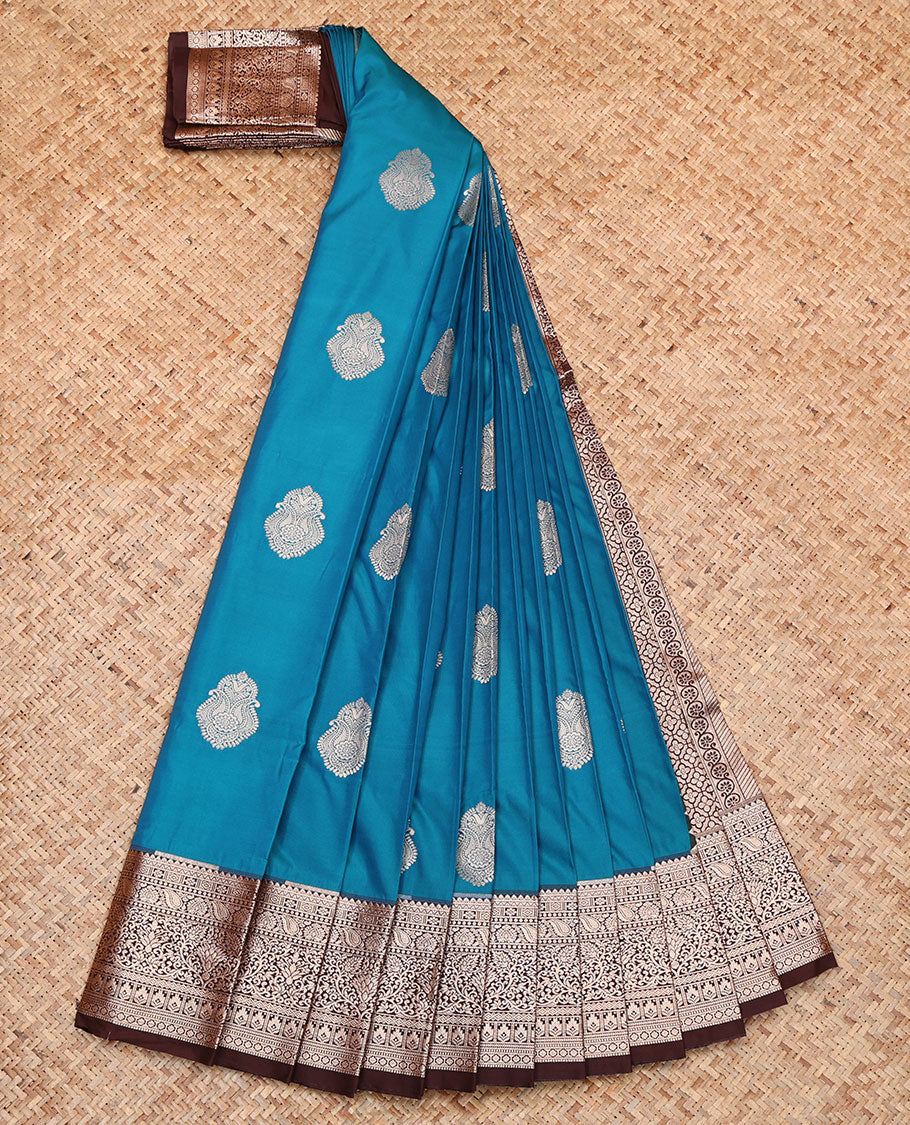Blue Budget Silk Saree, Woven with Zari Buttas, Complemented by a Contrast Traditional Zari Border, Intricately Designed Pallu, and a Contrast Blouse