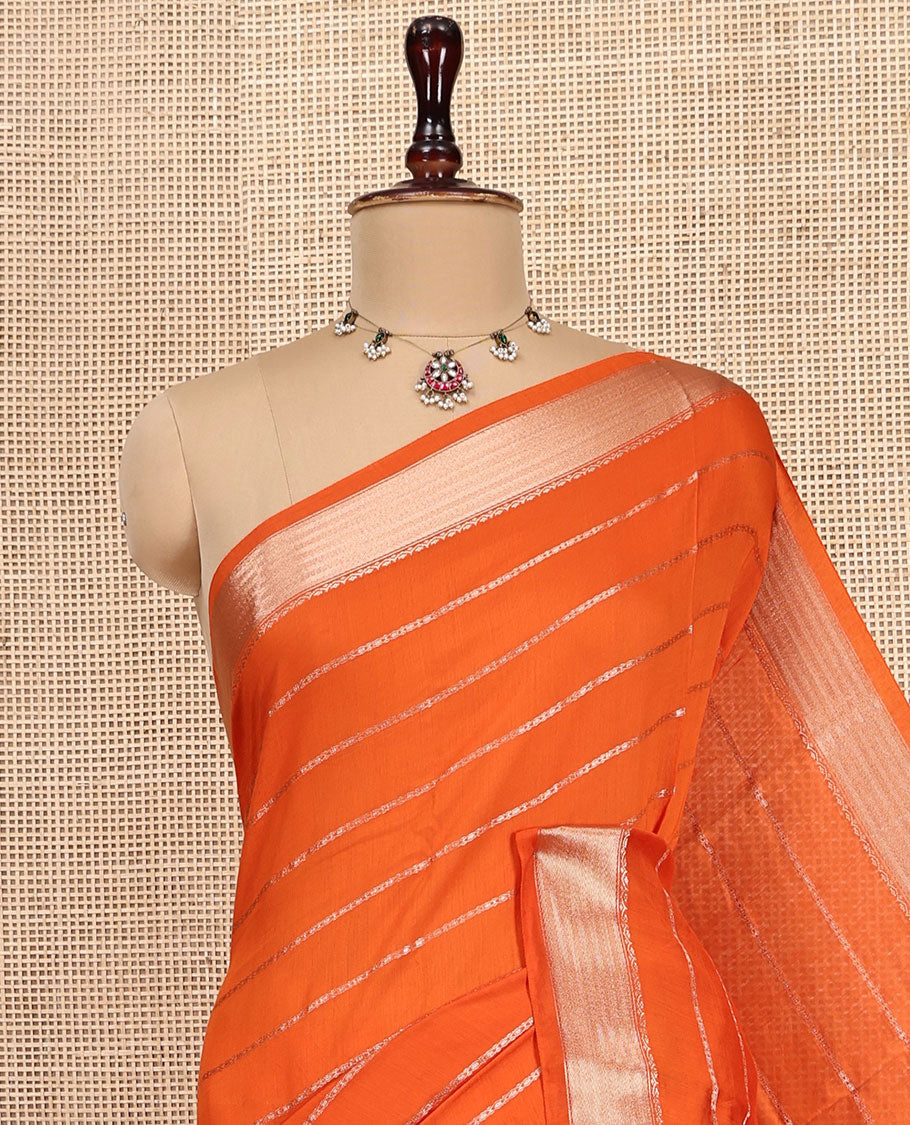 Orange Assam Silk Saree, Enriched with Zari Stripes, Highlighted by a Traditional Zari Border, Gleaming Zari Pallu, and a Matching Blouse