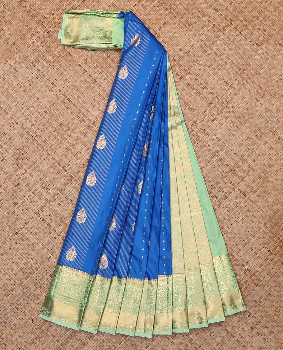 Blue Budget Silk Saree, Woven with Zari Buttas and Stripes, Complemented by Contrast Traditional Zari Border, Grand Pallu and a Contrast Blouse