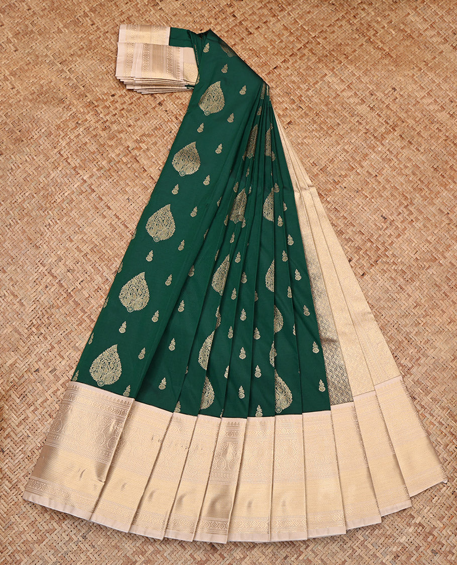 Dark Green Budget Silk Saree, Boldly Accentuated with Zari Buttas, Complemented by Contrast Traditional Zari Border, Grand Pallu, and a Contrast Blouse