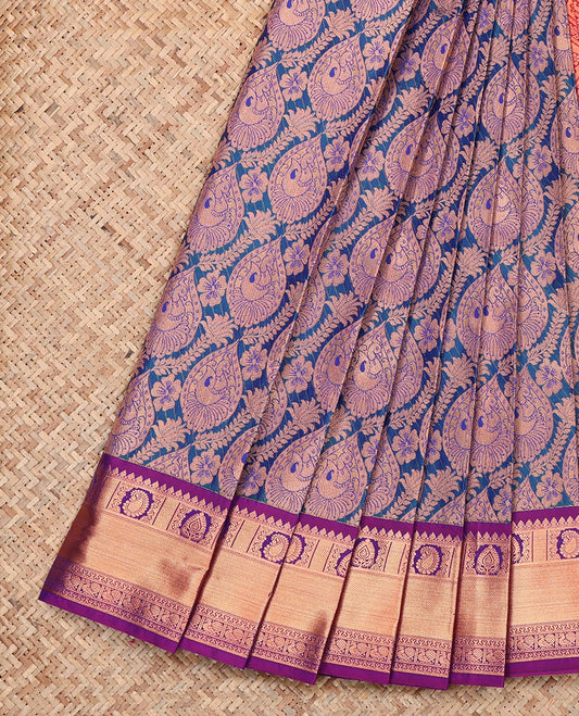 Blue Budget Silk Saree, Gleamed Up with Jacquard, Complemented by Contrast Traditional Zari Border,  Grand Pallu, and a Contrast Blouse
