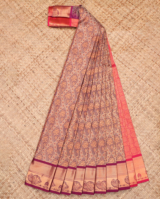 Brown Budget Silk Saree, Detailed with Jacquard, a Contrast Paisley Zari Border, Grand Pallu, and a Contrast Blouse