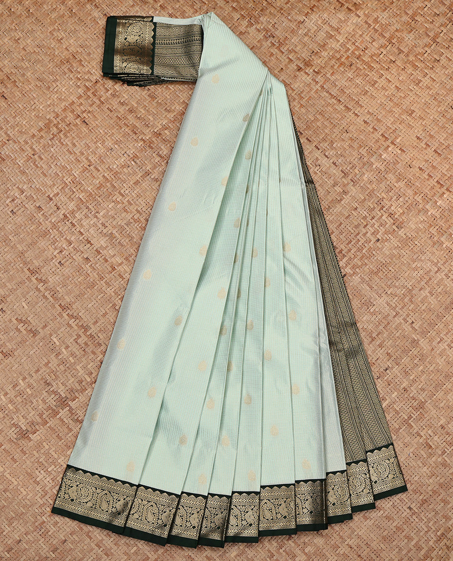 Pale Green Budget Silk Saree, Sparsely Woven with Zari Buttas and Checks, Complemented by a Contrast Traditional Zari Border, Geometric Pallu, and a Contrast Blouse