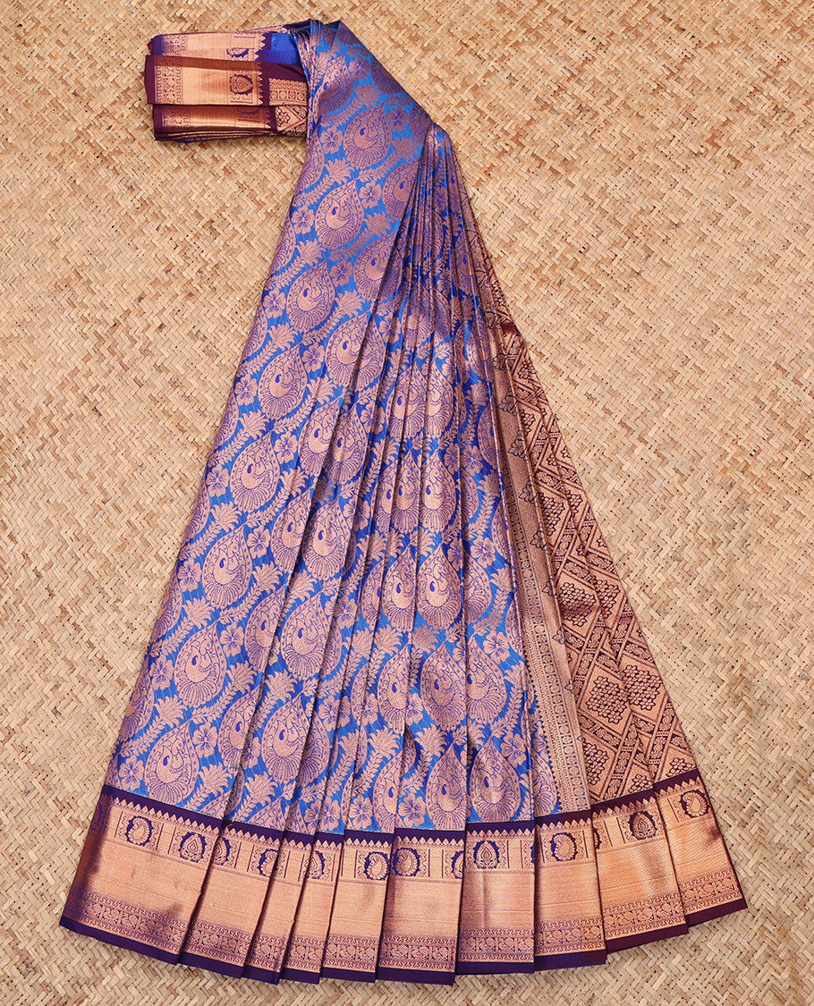 Blue Budget Silk Saree, Woven with a Jacquard Design, Complemented by a Contrast Traditional Zari Border, Grand Pallu, and Contrast Blouse