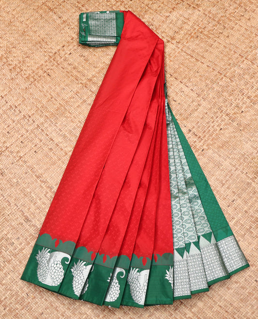 Red Embossed Budget Silk Saree, Complemented by a Contrast Fruit Motifs Zari Border, Intricate Pallu, and Contrast Blouse