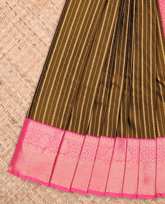 Green Budget Silk Saree, Finely Crafted with Zari Stripes, Complemented by a Contrast Traditional Zari Border, Grand Pallu, and a Contrast Blouse