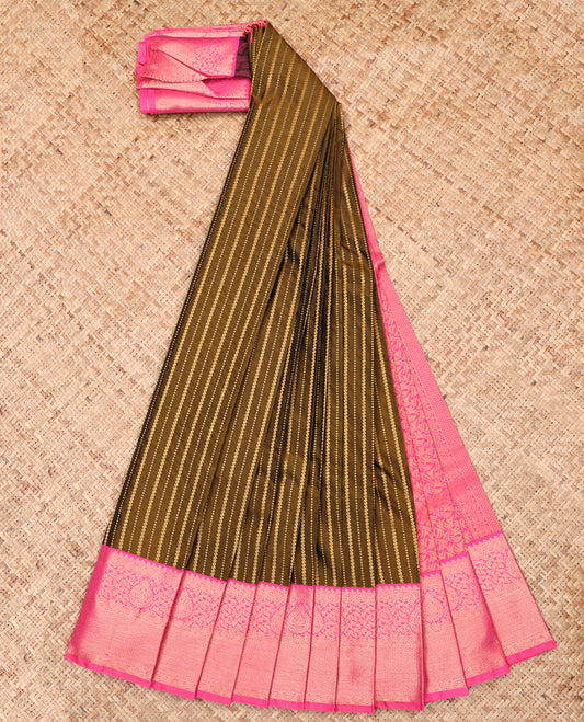 Green Budget Silk Saree, Finely Crafted with Zari Stripes, Complemented by a Contrast Traditional Zari Border, Grand Pallu, and a Contrast Blouse