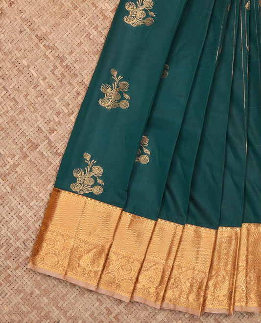 Green Budget Silk Saree, Adorned with Zari Buttas, Complemented by a Contrast Traditional Zari Border, Jaal Pallu, and a Contrast Blouse