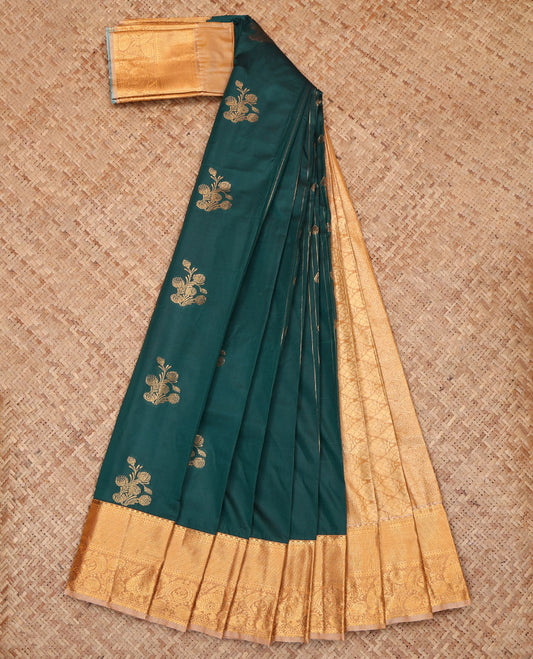 Green Budget Silk Saree, Adorned with Zari Buttas, Complemented by a Contrast Traditional Zari Border, Jaal Pallu, and a Contrast Blouse