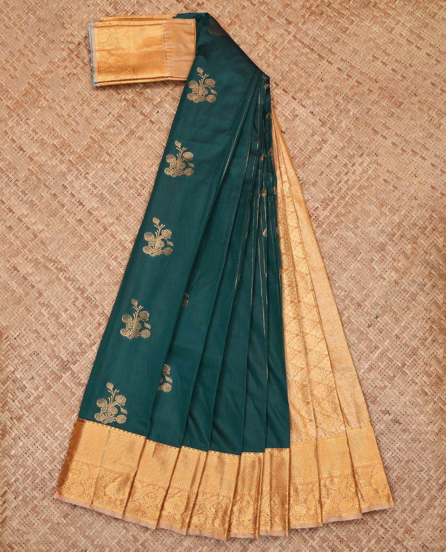 Green Budget Silk Saree, Adorned with Zari Buttas, Complemented by a Contrast Traditional Zari Border, Jaal Pallu, and a Contrast Blouse
