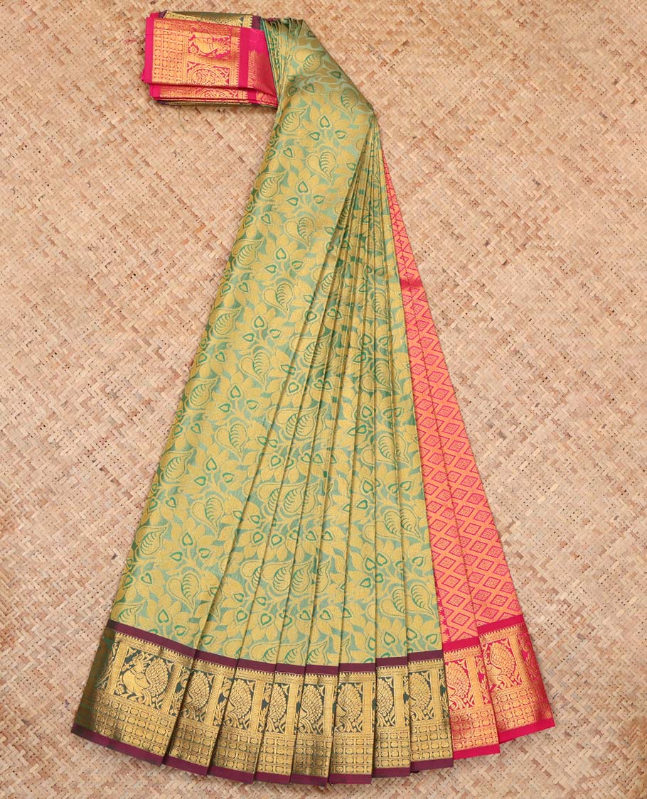Green Budget Silk Saree, Showcasing Floral Vine Design, Complemented by Contrast Peacock and Paisley Zari Border, a Jaal Pallu and a Contrast Blouse