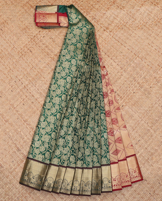 Green Budget Silk Saree, Embellished with Jacquard Design, a Contrast Traditional Zari Border, Grand Pallu, and a Contrast Blouse