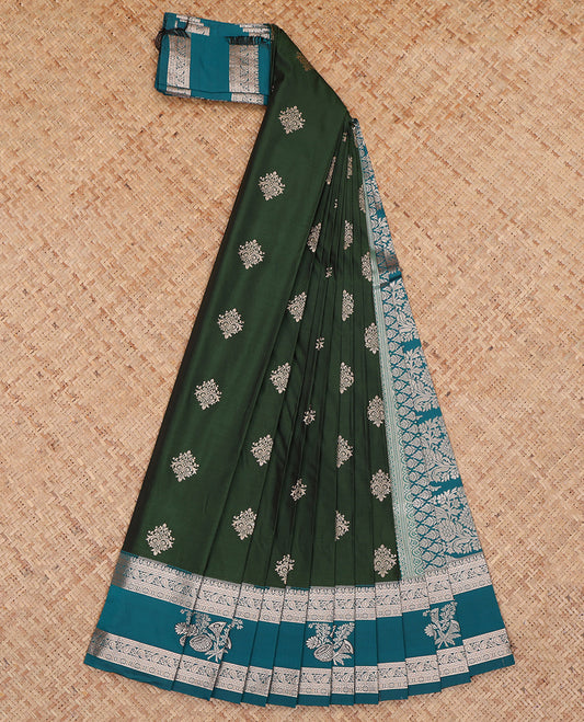 Green Budget Silk Saree, Ornamented with Zari Buttas, Complemented by a Contrast Traditional Zari Border, Pallu of Jaal and Paisleys, and a Contrast Blouse