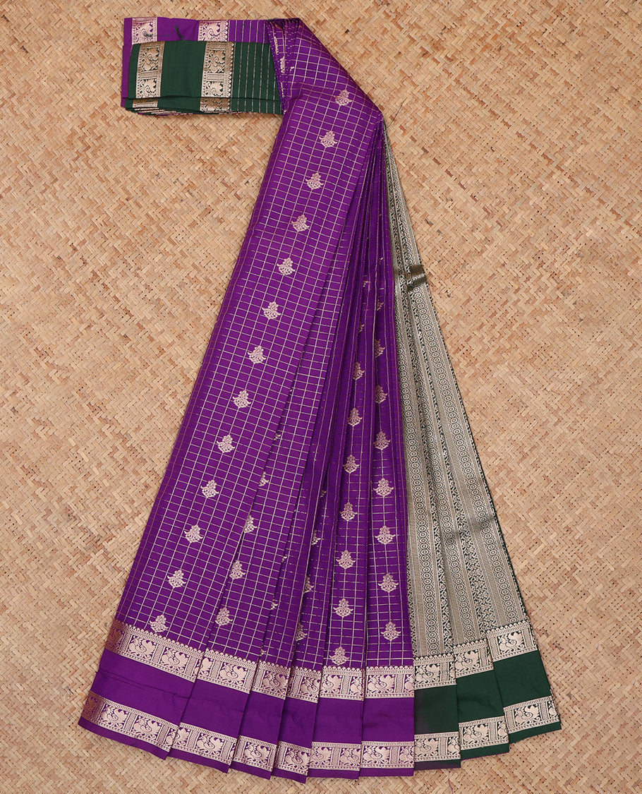 Violet Budget Silk Saree, Enthralled with Zari Buttas and Checks, a Zari Rettai Pettu Traditional Border, Grand Pallu, and a Contrast Blouse