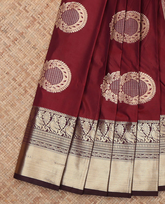 Red Budget Silk Saree, Accentuated with Floral-Circular Buttas, a Contrast Traditional Peacock Zari Border, a Grand Pallu and a Contrast Blouse