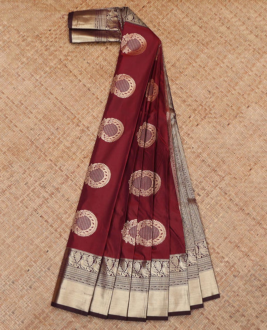 Red Budget Silk Saree, Accentuated with Floral-Circular Buttas, a Contrast Traditional Peacock Zari Border, a Grand Pallu and a Contrast Blouse