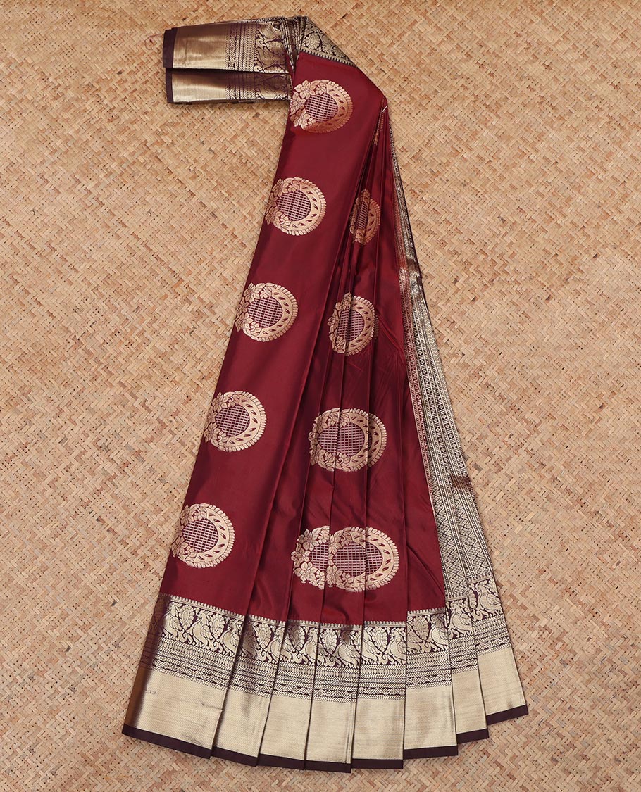 Red Budget Silk Saree, Accentuated with Floral-Circular Buttas, a Contrast Traditional Peacock Zari Border, a Grand Pallu and a Contrast Blouse