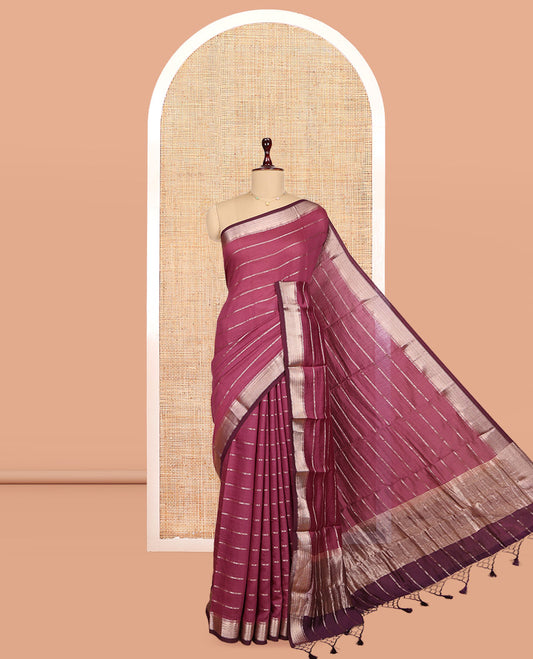Onion Pink Assam Silk Saree, Showcasing Zari Stripes, Complemented by Contrast Zari Border,  Zari Woven Pallu, and Contrast Blouse