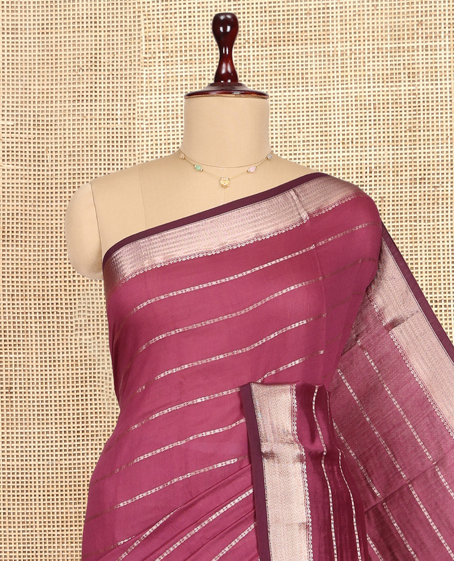 Onion Pink Assam Silk Saree, Showcasing Zari Stripes, Complemented by Contrast Zari Border,  Zari Woven Pallu, and Contrast Blouse