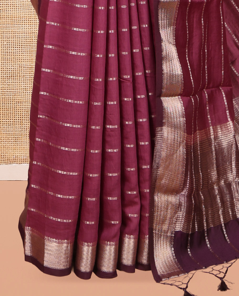 Onion Pink Assam Silk Saree, Showcasing Zari Stripes, Complemented by Contrast Zari Border,  Zari Woven Pallu, and Contrast Blouse