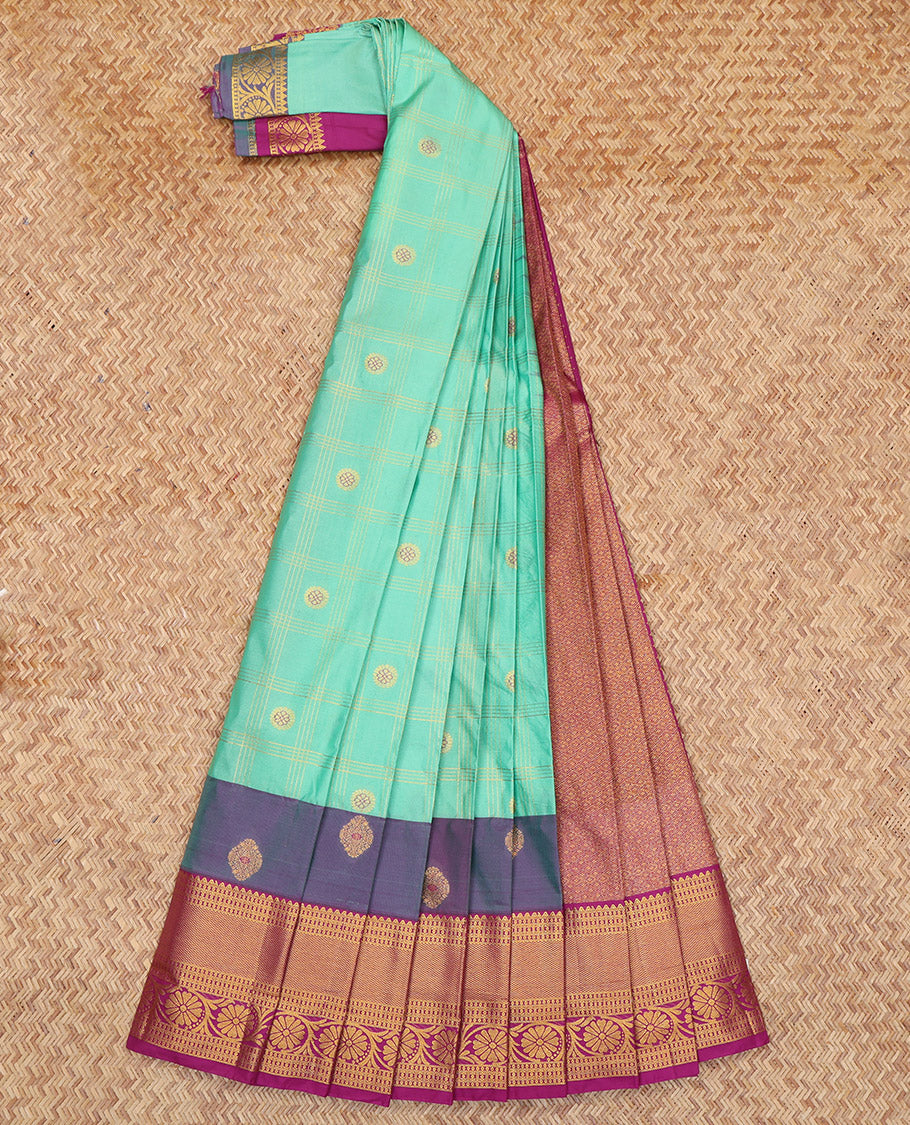 Blue Budget Silk Saree, Enriched with Zari Butta Enclosed Checks, Complemented by a Contrast Traditional Zari Border, Grand Jaal Pallu, and Contrast Blouse