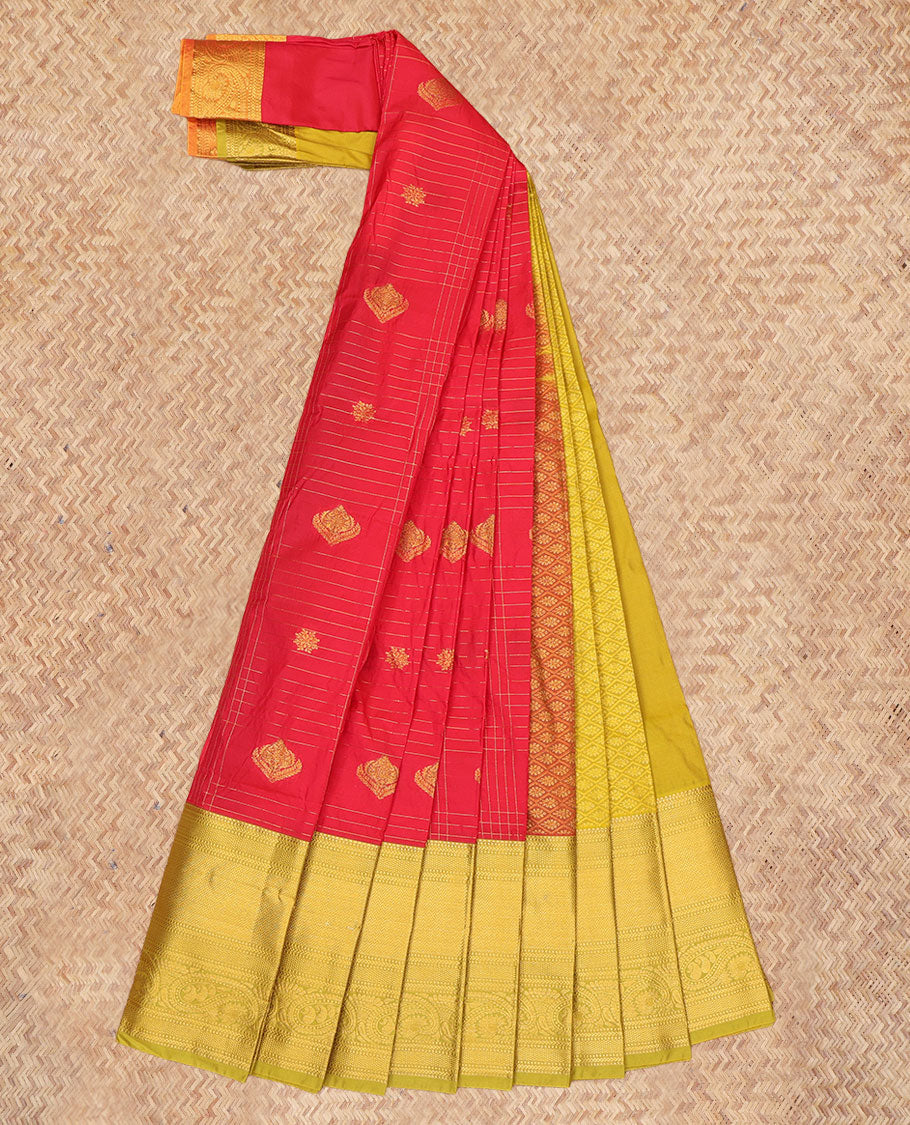 Red Budget Silk Saree, Graced with Zari Buttas Enclosed Checks, a Contrast Traditional Zari Border, Grand Pallu, and a Contrast Blouse