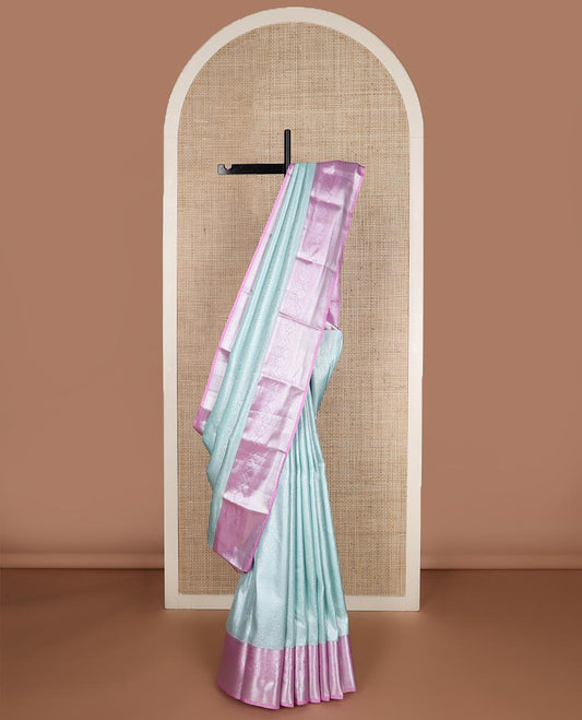 Powder blue floral vine jacquard budget silk saree, contrast traditional zari border, and zari rich pallu